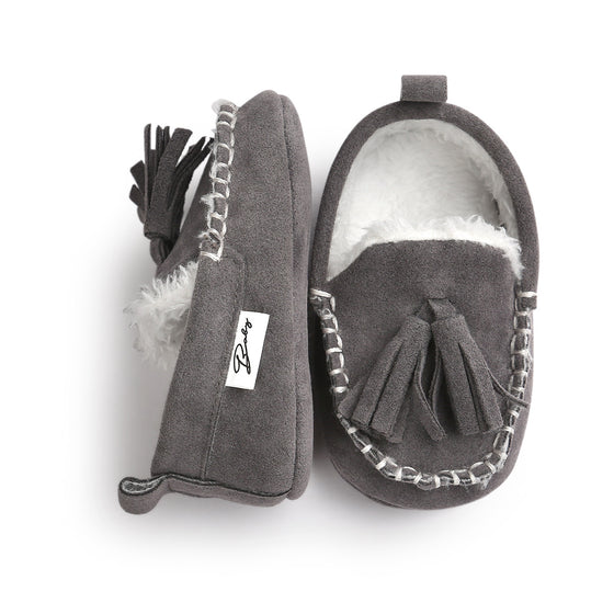 Suede Baby Shoes with Tassels and White Stitching