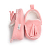 Suede Baby Shoes with Tassels and White Stitching