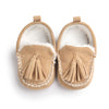 Suede Baby Shoes with Tassels and White Stitching