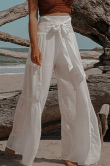  White Smocked Sash High Waist Crinkled Wide Leg Pants