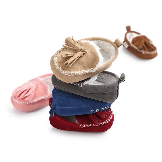 Suede Baby Shoes with Tassels and White Stitching