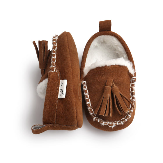 Suede Baby Shoes with Tassels and White Stitching