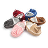 Suede Baby Shoes with Tassels and White Stitching