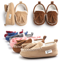  Suede Baby Shoes with Tassels and White Stitching