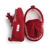 Suede Baby Shoes with Tassels and White Stitching