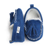 Suede Baby Shoes with Tassels and White Stitching