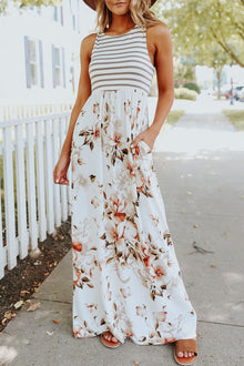  White Stripes & Floral Print Tank Dress