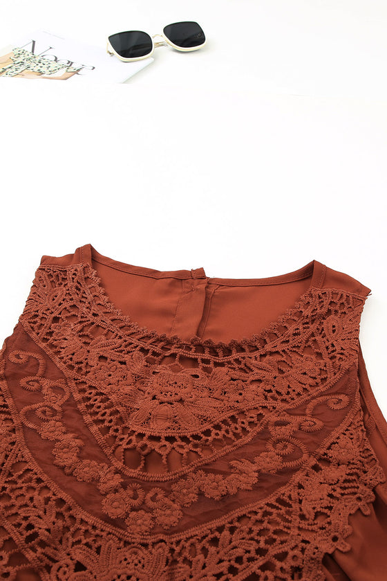 Apricot Casual Contrast Lace Crochet Button Back Sleeveless Shirt