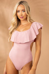 Pink Ruffle Overlapping Backless One-Piece Swimwear