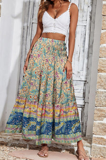  Sky Blue Boho Floral & Paisley Print Shirred Waist Long Skirt