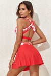 Fiery Red 3pcs Flower Printed Crossed Top and A Line Skirt Bikini Set