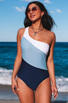 Light Blue Color Block Backless Asymmetric One-Piece Swimsuit