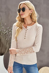 Beige Ribbed Lace Crochet Long Sleeve Shirt | Also Available in Black