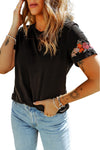 Black Casual Floral Embroidered T-Shirt