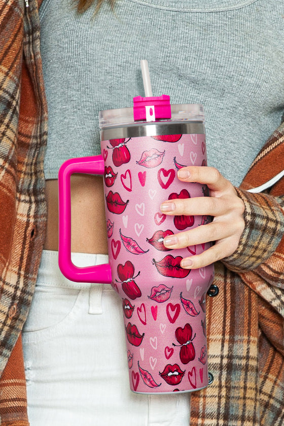 Rose Red Valentines Hearts and Kisses Print Thermos Cup