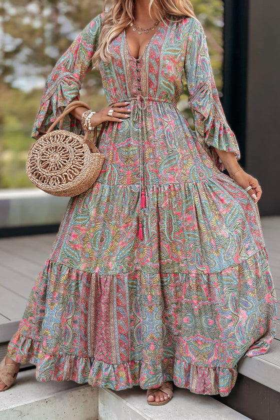 Green Paisley Print Boho Ruffle Trim Tied Maxi Dress