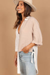 White Colorblock V Neck Collared Side Slits Blouse