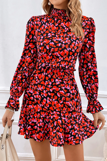  Red Valentine's Day Heart Print Ruffle Long Sleeve Mini Dress