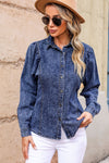 Dark Blue Rached Puff Sleeve Button-Up Denim Shirt