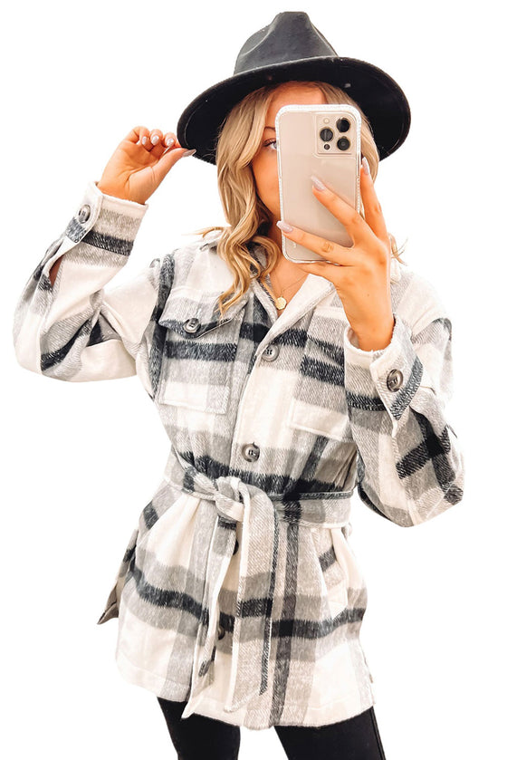 Black and White Plaid Belted Jacket