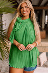 Green Neck Knotted Plus Size Sleeveless Pleated Top