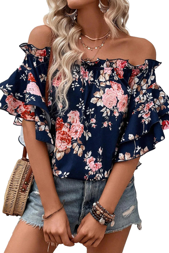 Blue Ruffle Off Shoulder Flounce Sleeve Floral Blouse