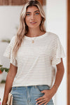 Apricot Striped Lace Splicing Ruffle Sleeve T-shirt | Available in 2 Colors