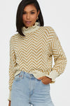 Khaki Chevron Pattern Mock Neck Cropped Sweater