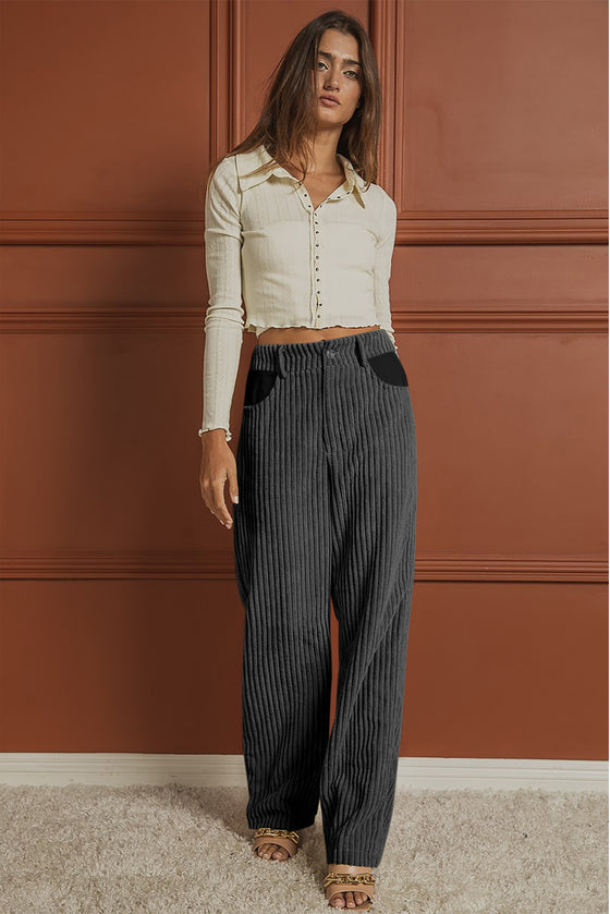 Grey Corduroy High Waisted Wide Leg Pants for Women