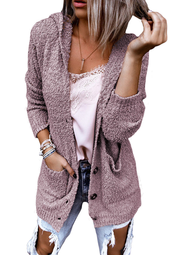 Pink Fuzzy Popcorn Pocket Long Sleeve Knit Cardigan