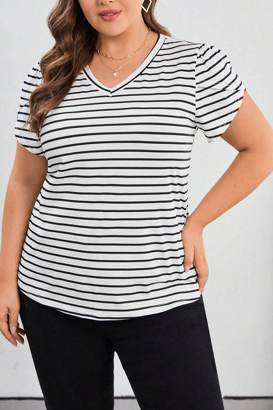 White Stripe V Neck Plus Size T-Shirt