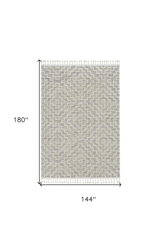 12'X15' Ivory Grey Woven Diamond Pattern with Fringe Indoor Area Rug