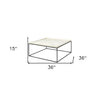 36" White and Black Genuine Marble and Metal Square Coffee Table