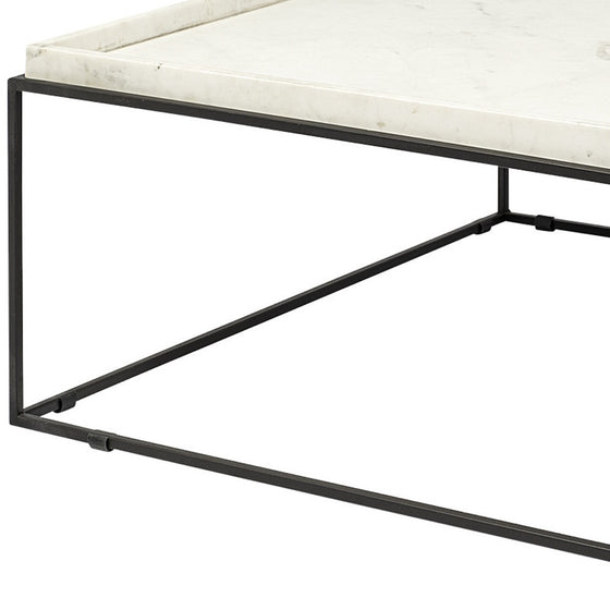 36" White and Black Genuine Marble and Metal Square Coffee Table