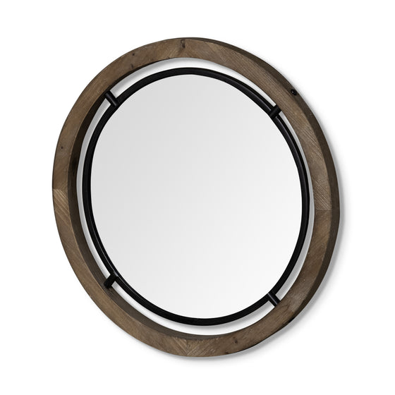 28" Distressed Wood and Black Metal Double Frame Wall Mirror