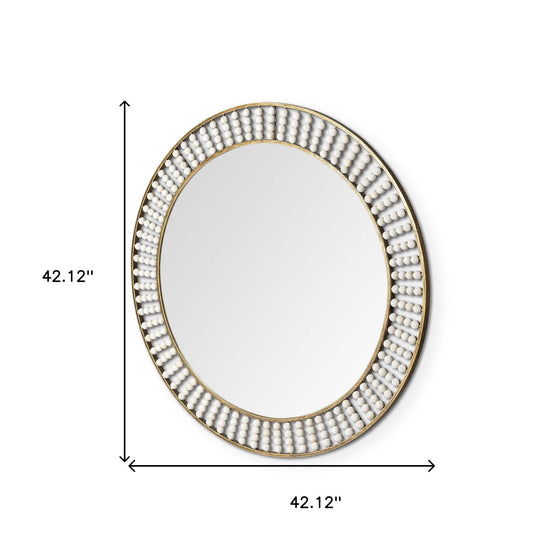 42" Round Brass Wall Mirror with White Wood Beads