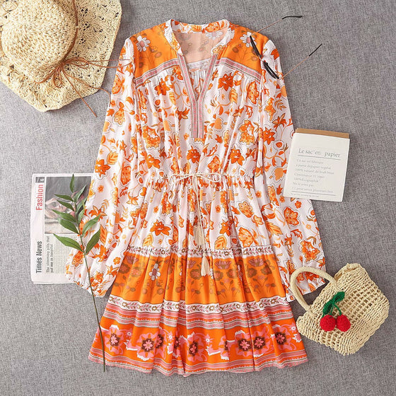 Vintage Style Floral lace-up dresses in Orange