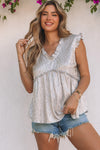 Khaki Frilled V Neck Metallic Crinkle Sleeveless Blouse