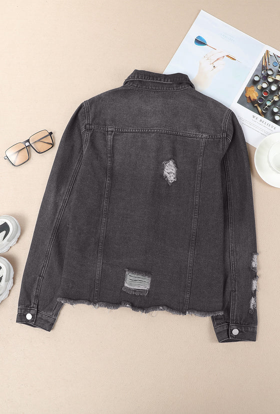 Black Casual Distressed Raw Hem Buttons Denim Jacket | Available in 3 Colors