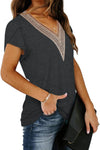 Black Lace Trim V Neck Overlap Short Sleeve T Shirt