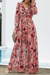 Pastel Red Floral Print Ruffle Trim Plunge Neckline Maxi Dress