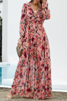  Pastel Red Floral Print Ruffle Trim Plunge Neckline Maxi Dress