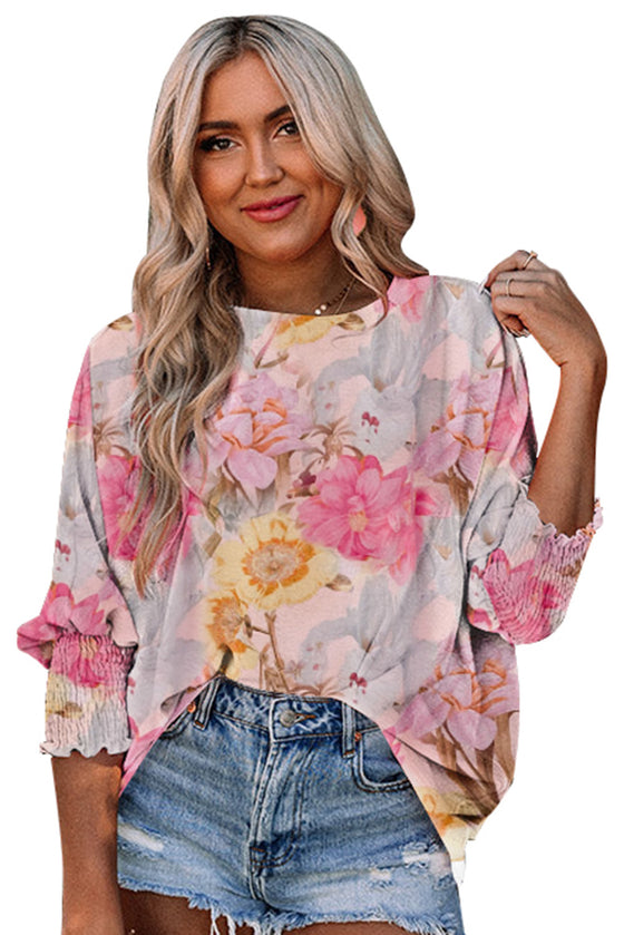 Pink 3/4 Sleeve Loose Fit Floral Blouse