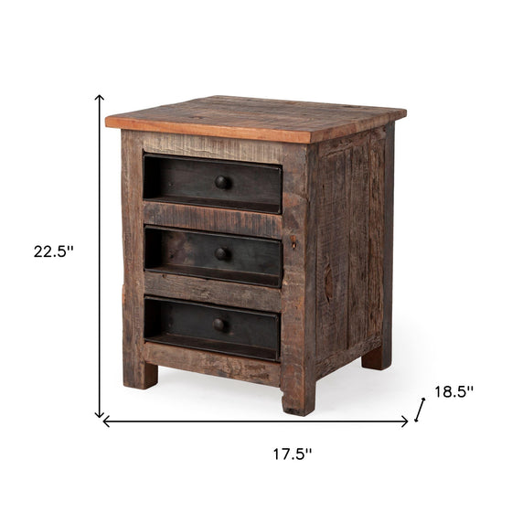 23" Brown Solid Wood Square End Table with Three Drawers