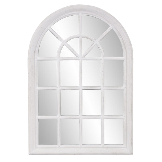 Whitewashed Mirror with Arched Panel Window Design