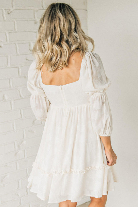 White Jacquard Square Neck Bubble Sleeve Dress