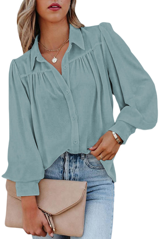 Khaki Solid Color Casual Button Up Puff Sleeve Pleated Shirt | Available in Other Colors