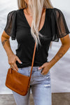 Black Summer Sheer Flutter Sleeve V Neck Ribbed Knit Tee