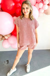 Rose Pink Acid Washed Cap Sleeve Tee and High Waist Shorts Set