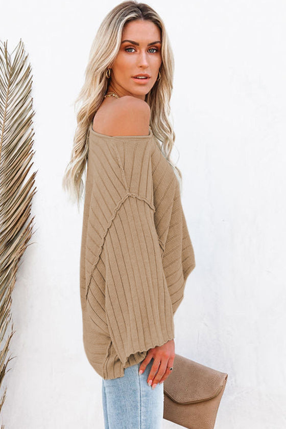 Apricot Solid Color Ribbed Knit 3/4 Sleeve Pullover Sweater | Available in 5 sizes